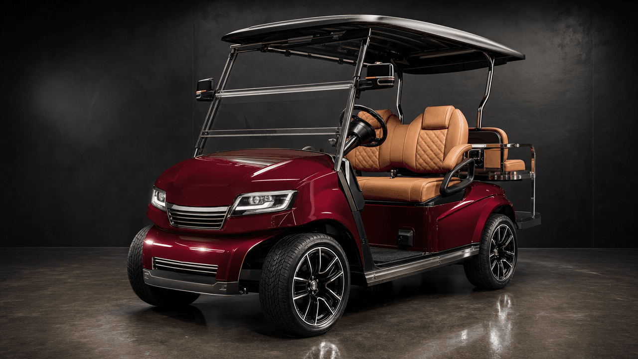 Custom-built golf cart in candy bordeaux with polished chrome